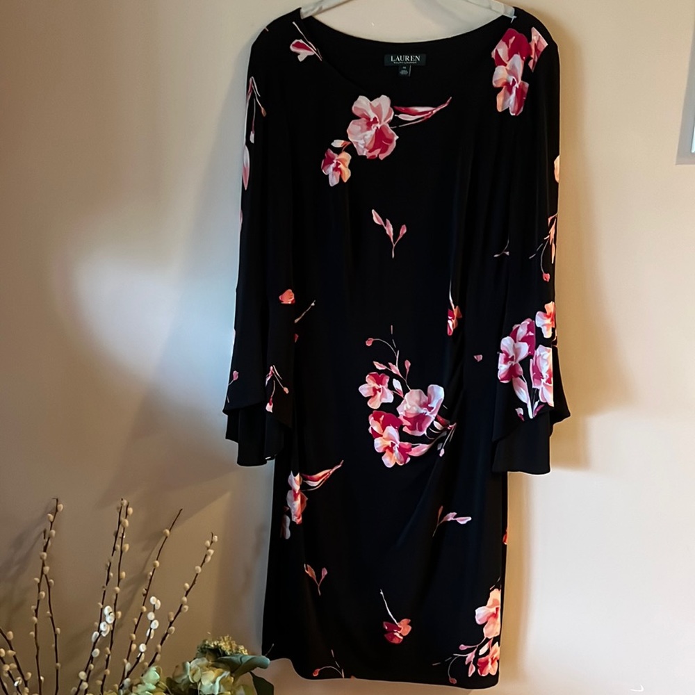 Dress black with pink and rose flowers fitted princess neckline